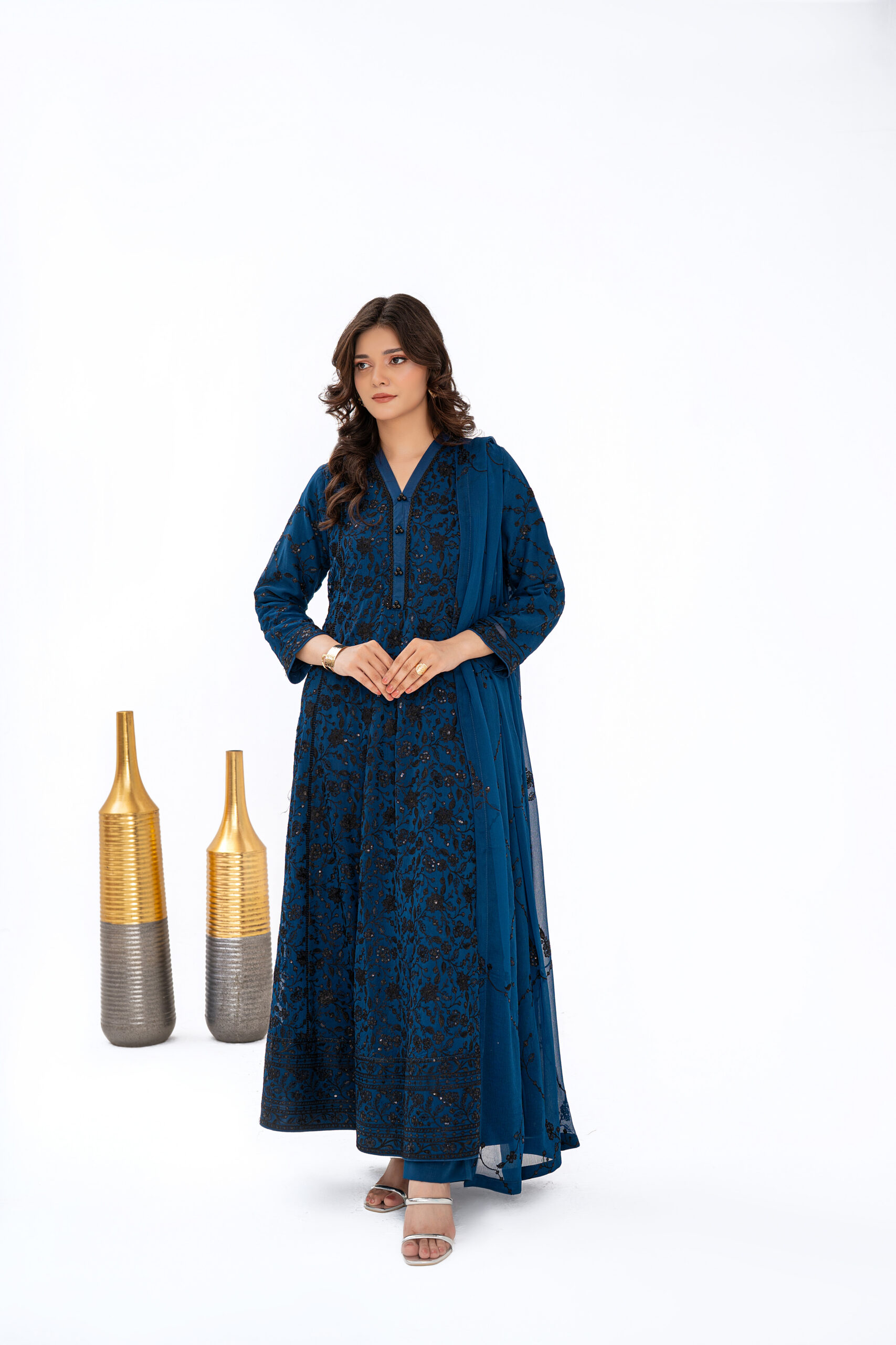 Midnight Teal Embroidered Chiffon
