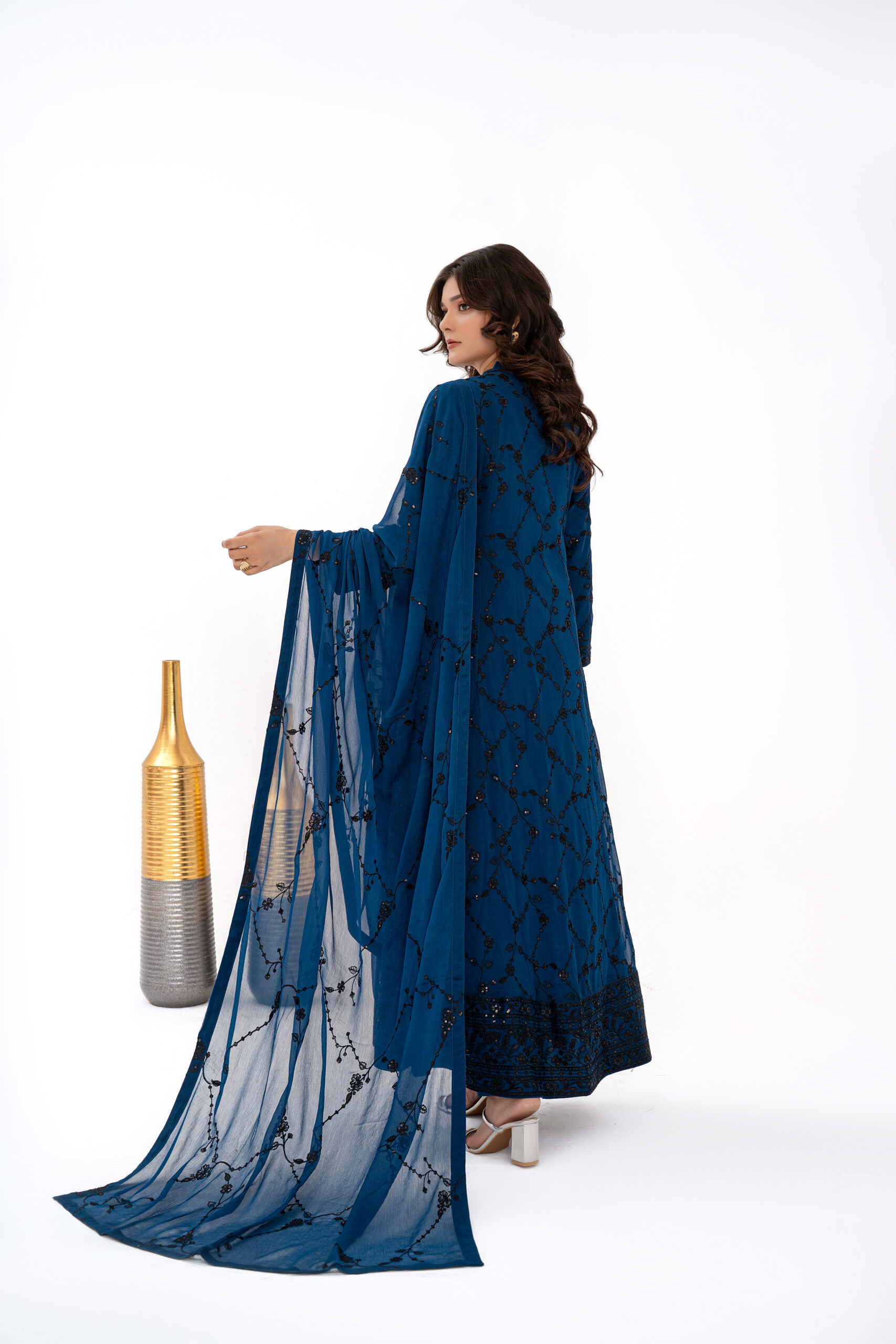 Midnight Teal Embroidered Chiffon - Image 2